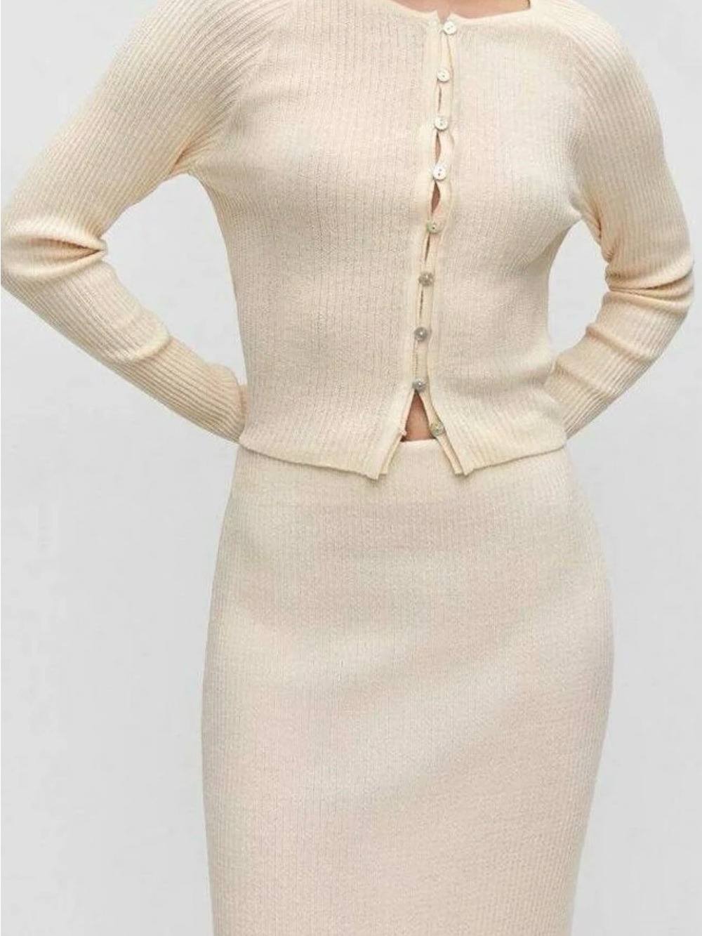 Cream Rib-Knit Long sleeve with button front detail